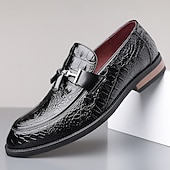 halpa Miesten loaferit ja nauhattomat kengät-Miesten ruskeat krokotiilikuvioiset keinonahkaiset tupsukoristeiset loaferit – kiiltävät slip-on-pukukengät varttuneemmille herrasmiehille, liikelounaille ja virallisiin tilaisuuksiin