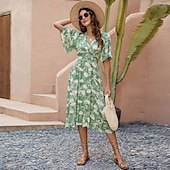 preiswerte Blumenkleider-Damen Midikleid Sommerkleid A Linie Kleid Urlaub Party Lässig Schmetterling Party Ausgehen Strand Standard Passform Blumen Grafik Kurzarm V Ausschnitt Grün Sommer Frühling Herbst