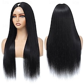 economico Parrucche di capelli veri senza cuffia-parrucche con parte a V, capelli umani lisci, parrucche brasiliane con capelli umani per donne nere, parrucche con parte a U, senza cuciture, senza colla, mezze parrucche, capelli umani, densità 180%,
