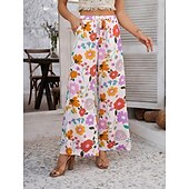 abordables jambe large et taille haute-Femmes Jambe large Chinos Vacances ancien Mode Longueur complète Taille haute Fleuri Ceinture Élastique Impression Confortable Doux Micro-Élastique Extérieur Vacances Rue Blanche Jaune Rose Claire