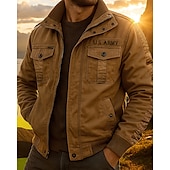 Men's Fleece Cargo Jacket Cotton Winter Outdoor Thermal Warm Top Black Green Khaki cheap Fleece & 3 in 1 Jackets-Men's Fleece Cargo Jacket Cotton Winter Outdoor Thermal Warm Top Black Green Khaki