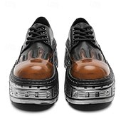 ieftine Cizme de motociclism-Pantofi Oxford cu platformă gotică pentru bărbați, cu flăcări – pantofi cu talpă groasă în stil punk pentru cosplay, Halloween și streetwear