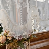 cheap Curtains &amp; Drapes-Lace Ruffled Kitchen Short Curtain Valance Vintage Floral Embroidered Short Sheer Cafe Curtain for Kitchen Window Rod Pocket Scalloped Bottom Beaded Sheer Valance1 Panel