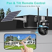 olcso Beltéri IP hálózati kamerák-Dupla lencsés, napelemes vezeték nélküli kültéri biztonsági kamera 8 megapixeles felbontással, 355 fokos forgathatósággal, színes éjjellátóval, reflektorral/riasztóval, mozgásérzékeléssel, kétirányú