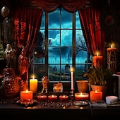 abordables halloween tentures murales-Tapisserie murale Halloween gothique avec vue de fenêtre – Scène de scène avec rideau rouge et nuit spooky éclairée par la lune toile de fond d&#039;horreur pour le salon la chambre la décoration de