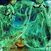 Недорогие Хэллоуин-Зелёная флуоресцентная паутина с пластиковыми пауками, идеально подходит для вечеринки в честь Хэллоуина, не требует питания, создаёт жуткую атмосферу, функция glowindark