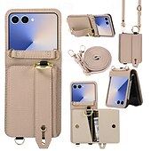 economico Cover Samsung-telefono Custodia Per Samsung Galaxy Z Flip 7 Z Flip 6 Z Flip 5 Z Flip 4 Copertura Posteriore con Cordino Cavalletto Slot per Carte Retrò TPU Pelle PU