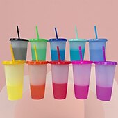 levne Sklenice-10 ks kelímků s víčky a brčky, které mění barvu, opakovaně použitelné sklenice na studené nápoje o objemu 710 ml/24 oz, plastové kelímky s teplotním senzorem, vhodné pro venkovní použití, cestování,