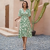 preiswerte Blumenkleider-Damen Midikleid Sommerkleid A Linie Kleid Urlaub Party Lässig Schmetterling Party Ausgehen Strand Standard Passform Blumen Grafik Kurzarm V Ausschnitt Grün Sommer Frühling Herbst