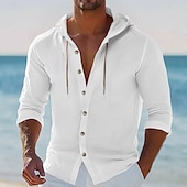 economico Vacanza-Per uomo Camicia Camicia di lino Abbigliamento da spiaggia Camicia con Bottoni Camicia con cappuccio Semplice Vacanza Casuale Nero Bianco Rosa Blu Manica Lunga Con Cappuccio Estate Primavera &amp; Estate