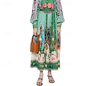 levne Boho šaty-Dámské Midi šaty Košilové šaty Šaty s potiskem Módní Klasické Moderní Venkovní Dovolená Jdeme ven Běžný Květiny Dlouhý rukáv Košilový límec Trávová zelená Podzim
