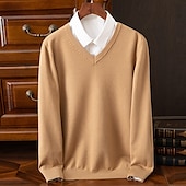 billiga tröja för män-Herr Pullover tröja Stickad tröja Ribbad Sticka Vanliga toppar Stickat Slät V-hals Mode Grundläggande Semester Dagliga kläder Kläder Höst Vinter Kamel Vin S M L
