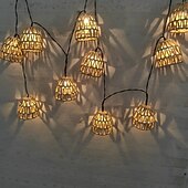 economico Strisce LED-Lanterna in rattan intrecciata a mano con 10 lampadine a LED, luci decorative con spina per interni ed esterni, balcone, patio, giardino, matrimonio, camera da letto