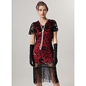 preiswerte Kleider-Retro Vintage Goldene Zwanziger 1920er Midlänge Flapper Kleid Cocktailkleid Der große Gatsby Flapper-Mädchen Pailletten Fransen V Ausschnitt Damen Weihnachten Halloween Karneval Hochzeit