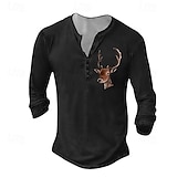 preiswerte Lässiges Henley-T-Shirt-Herren Henley Hemd T-Shirt Langarmshirt Langarm Henley Sommer Herbst Muster Hirsch Mode Designer Mode Jahrgang Urlaub Straße Ausgehen Dunkelgrau Schwarz Weiß Top T-Shirt für Herren