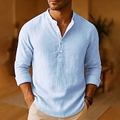preiswerte Baumwoll-Leinenhemd-Herren Hemd Leinenhemd Popover-Hemd Freizeithemd Baumwollhemd Einfach Urlaub Hawaiianisch Schwarz Weiß Rosa Khaki Langarm Stehkragen Frühling Herbst Bekleidung