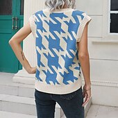 halpa Neuleliivi-Naisten Neulepusero Pusero Vapaa-aika Yhtenäinen väri Houndstooth-kuvio Paksu V kaula-aukko Kudottu Hihaton Tavalliset topit Neuloa Päivittäin Pyhäpäivä Bile Musta Sininen Syksy Talvi