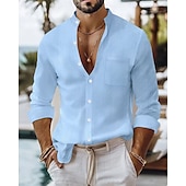 economico Camicie di lino-Per uomo Camicia Camicia di lino Camicia casual Camicia con Bottoni Camicia di cotone Semplice Vacanza Camicia hawaiana Nero Bianco Giallo Blu marino Manica Lunga Colletto alla coreana Primavera