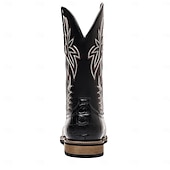 abordables Cowboy et bottes occidentales-Bottes de cowboy western en cuir de vachette noir gaufré pour hommes avec bout pointu et coutures classiques, chaussures élégantes pour les événements country, l&#039;équitation et la mode rodéo