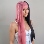 economico Parrucche da festa-parrucca lunga e liscia rosa e nera per donna – cuffia per testa intera, parrucca da modella realistica, perfetta per cosplay di Halloween, moda e uso quotidiano