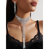 levne Dámský náhrdelník-Dámská sada třpytivých šperků s kamínky - stříbrný náhrdelník choker a dlouhé střapcové náušnice, okouzlující výrazné doplňky pro večerní taneční a koktejlové večírky