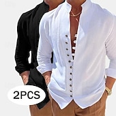 cheap Classic-Men's Shirt Linen Shirt Summer Shirt Casual Shirt Button Up Shirt Plain Vacation Curise Green+pink Green+Khaki Blue+Khaki Khaki+Orange Long Sleeve Band Collar Summer Spring &amp;  Fall Clothing Apparel