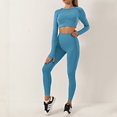 billiga Set och One-Pieces-Dam 2 delar Yogakläder Loungekläder Höst Ensfärgat Träningsdräkter Mörkgrå Sjöblå Gymträning Hög midja Stretch Andningsfunktion Långärmad Sport Sportkläder Smal