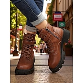 abordables Bottes de combat-Bottines de combat marron à lacets pour femmes avec fermeture éclair latérale et semelle crantée épaisse – bottines d&#039;extérieur élégantes pour l&#039;automne, l&#039;hiver et le streetwear décontracté