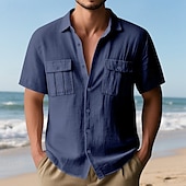 voordelige Vakantie-Voor heren Overhemd Linnen overhemd Zomer overhemd Strand Kleding Overhemd met knopen Cargoshirt Effen Kleur Vakantie Straat Zwart Wit Marineblauw blauw Korte mouw Strijkijzer Zomer Lente Kleding Zak