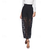 abordables jambe large et taille haute-Femmes Jambe large Slacks Streetwear Occasionnel Longueur complète Naturel Uni Dentelle Patchwork Taille Élastique Confortable Fête Sortir Vert translucide Noir Blanche Bleu de minuit Automne Coupe
