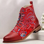 abordables Botas de vestir-Hombre Botas Zapatos de Paseo Casual Cuero PU Tela Jacquard Cómodo Antideslizante Transpirable Botines / Hasta el Tobillo Cordones Rojo Otoño Invierno