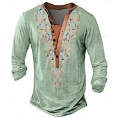 cheap Ethnic Style-Men&#039;s Print T Shirt Henley Shirt Long Sleeve Designer Retro Vintage Bohemian Street Casual Daily Summer Spring Fall Blue Green Khaki Grey Henley Henley T-Shirt