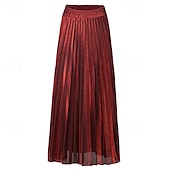 abordables Jupes Maxi-Femmes Jupe Mode Occasionnel Maxi Taille haute Jupes Uni Plissé Micro-Élastique Décontracté Quotidien Week-end Argent Noir Dorée Rouge Été Polyester