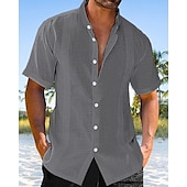 preiswerte Urlaub-Herren Hemd Leinenhemd Freizeithemd Knopfhemd Baumwollhemd Einfach Urlaub Straße Schwarz Weiß Grün Aprikose Kurzarm Stehkragen Sommer Frühling Bekleidung Button-Down