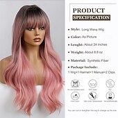 economico Parrucche da festa-Parrucca sintetica da donna, lunga, ondulata, nera, sfumata, rosa con frangia soffice, leggera, per feste in cosplay