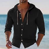 economico Vacanza-Per uomo Camicia Camicia di lino Abbigliamento da spiaggia Camicia con Bottoni Camicia con cappuccio Semplice Vacanza Casuale Nero Bianco Rosa Blu Manica Lunga Con Cappuccio Estate Primavera &amp; Estate