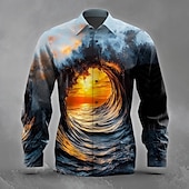 voordelige Oceaan afdrukken-Voor heren 3D Print Oceaan Zonsondergang Overhemd Overhemd met knopen Lange mouw Mode-casual Feestdagen Streetwear Zomer Lente Strijkijzer 3D-afdrukken shirts met kraag Blauw 1# blauw