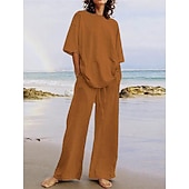 abordables Conjuntos-Conjuntos de pantalones de lino para mujer, 15% lino, básicos, color liso, bolsillo, cintura elástica, camiseta, pantalón, uso diario, calle, manga larga, cuello redondo, azul, negro, blanco, azul marino, marrón claro, verano, primavera
