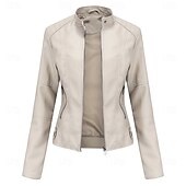 cheap Faux Leather Jackets-Women&#039;s Faux Leather Jacket Comfortable Pocket Full Zip Fashion Street Style Plain Outdoor Casual Daily Regular Stand Collar Regular Fit Long Sleeve Outerwear Black Red Camel Spring Fall
