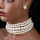 abordables Conjuntos de joyas-Conjuntos de joyas nupciales, 1 juego de pendientes de aleación de perlas de imitación, collar, elegante conjunto de joyas artísticas sencillas para mujer para bodas, cumpleaños y vacaciones.