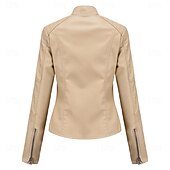 cheap Faux Leather Jackets-Women&#039;s Faux Leather Jacket Comfortable Pocket Full Zip Fashion Street Style Plain Outdoor Casual Daily Regular Stand Collar Regular Fit Long Sleeve Outerwear Black Red Camel Spring Fall