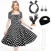 cheap Outfits-Women&#039;s A-Line Rockabilly Dress Polka Dots Swing Dress Flare Dress with Accessories Set 1950s 60s Retro Vintage with Headband Chiffon Scarf Earrings Pearl Necklace Gloves