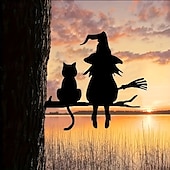 お買い得  ハロウィン-庭の木の枝に座っているかわいい魔女と猫の金属シルエットの芸術的な装飾1個。ガーデンフェスティバルの装飾に最適です。