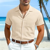economico Vacanza-Per uomo Camicia bianca di cotone Camicia Estiva Camicia casual Camicia in cotone e lino Camicia con colletto cubano Semplice Vacanza Casuale Nero Giallo Blu marino Verde Manica Corta Collo Camp