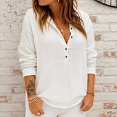 preiswerte Damen Einfache Oberteile-Damen Bluse Einfarbig Einfach Elegant Stilvoll Lässig Langarm V Ausschnitt Normale Oberteile Täglich Ferien Weiß Gelb Rosa Blau Frühling Herbst