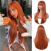 abordables Perruques Synthétiques Sans Bonnet-Perruque brune avec frange pour femmes, perruque synthétique longue et droite, résistante à la chaleur, pour filles, usage quotidien, fête, Halloween, cosplay, 24 pouces
