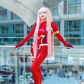abordables Perruques de Couple-Perruque rose pastel longue et raide pour femme, cosplay anime Zero Two 02, avec corne, 99 cm