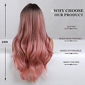 economico Parrucche da festa-Parrucca sintetica da donna, lunga, ondulata, nera, sfumata, rosa con frangia soffice, leggera, per feste in cosplay