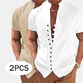 abordables Classique-Homme Chemise en lin Chemise d'été Tenue de plage Chemise Boutonnée Uni Vacances Croisière Blanc + kaki Kaki + Noir Vert + Kaki Noir + blanc Manche Courte Col montant Été Printemps &amp; Été Vêtement
