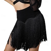 abordables Ropa de baile latino-Minifalda negra con flecos y pantalones cortos para mujer, elástica, para rave, discoteca, baile latino, salsa